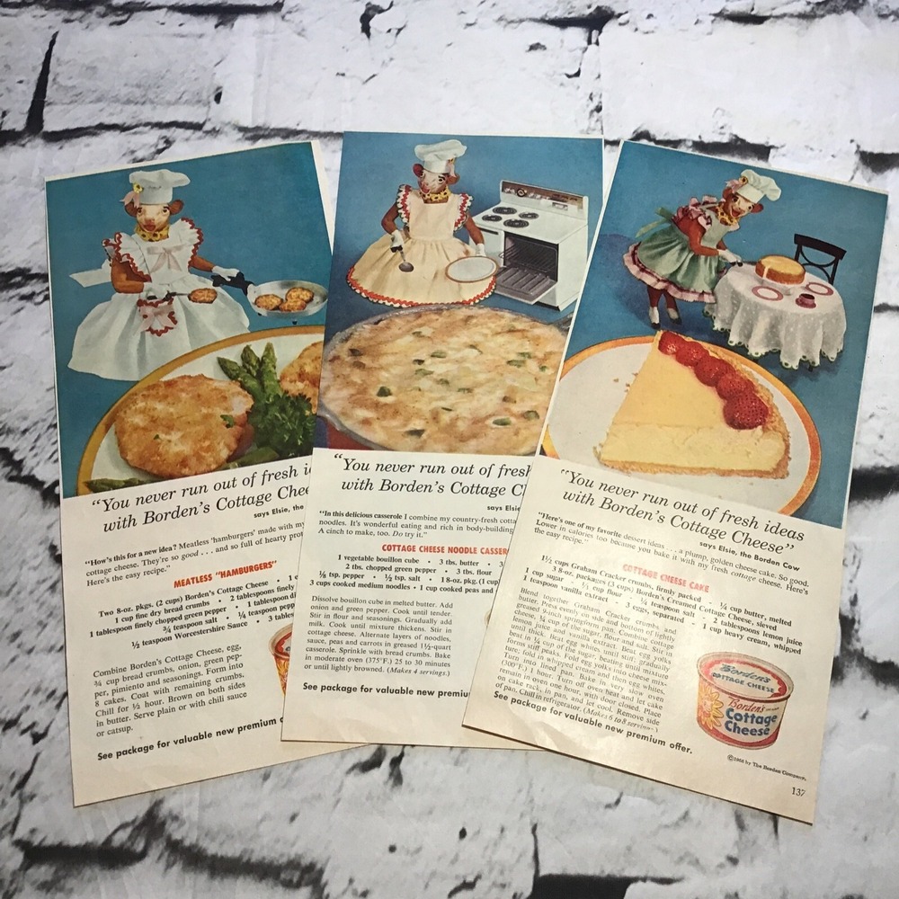 Vintage‎ 50's Advertising Art Bordens Cottage Cheese Elsie The Cow Lot Print Ads